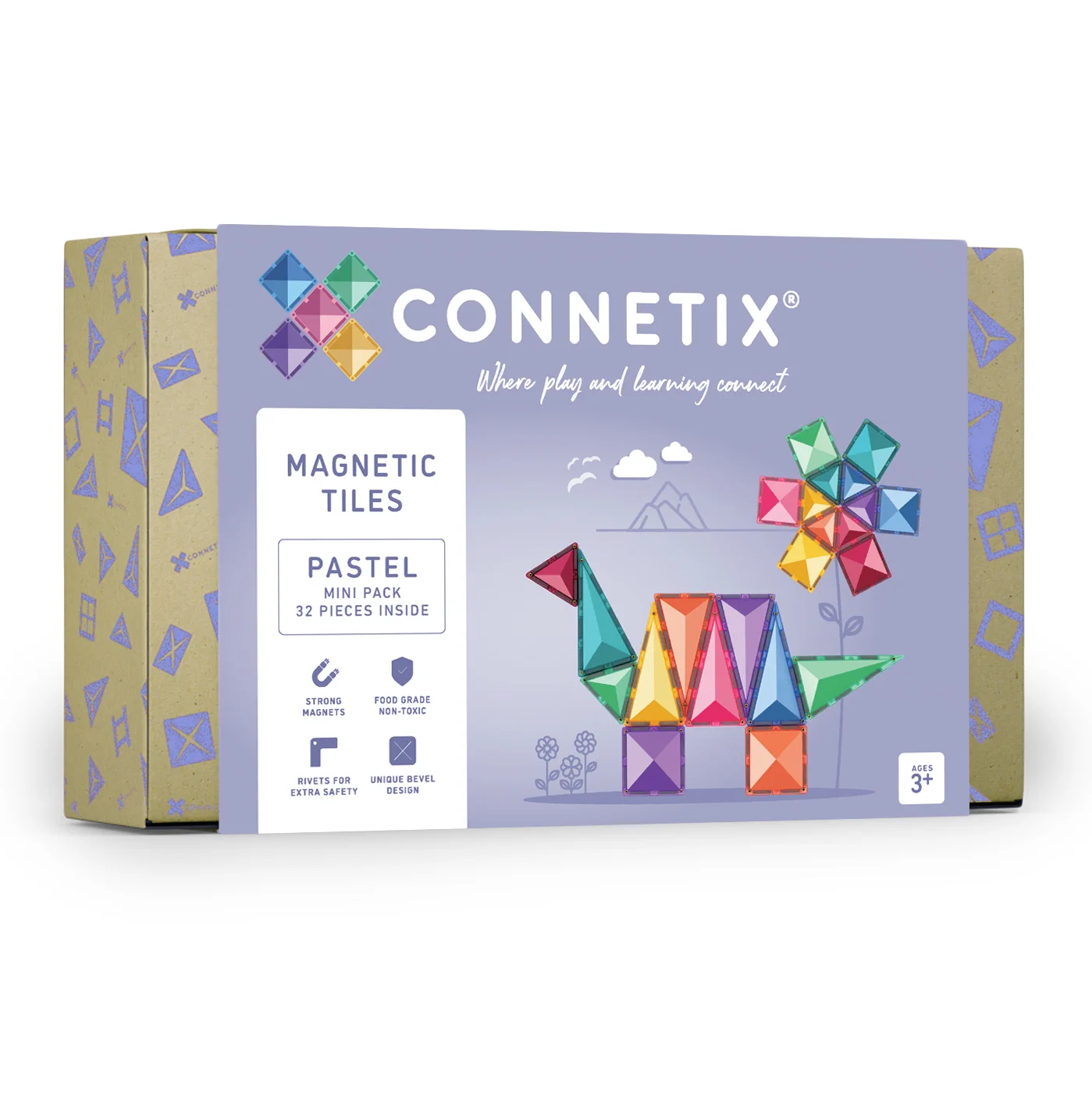 Konstrukcijski komplet za otroke Connetix z 32 pastelnimi magnetnimi ploščicami.