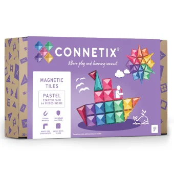 Otroška magnetna sestavljanka Connetix s 64 magnetnimi ploščicami pastelnih barv.