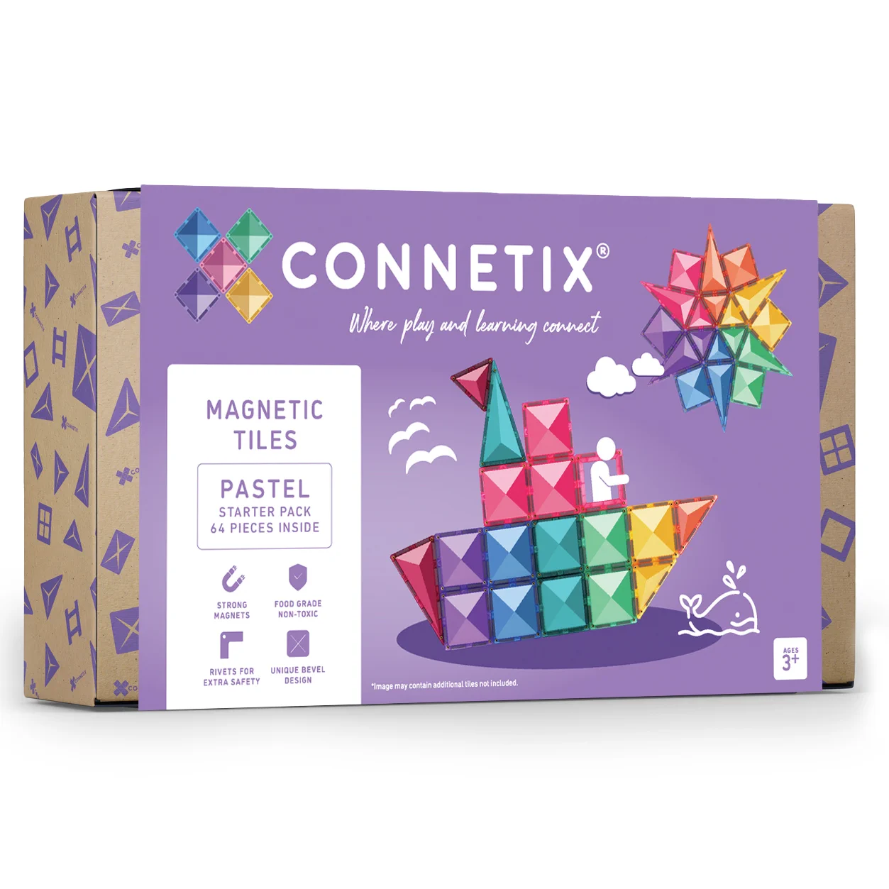 Otroška magnetna sestavljanka Connetix s 64 magnetnimi ploščicami pastelnih barv.