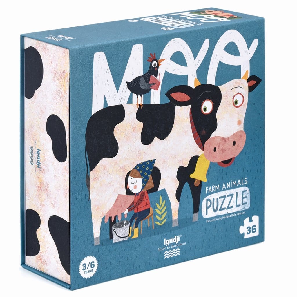 Sestavljanka Mu z ilustracijo krave in deklice.