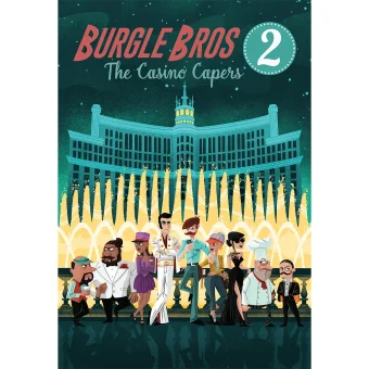 Naslovnica družabne igre Burgle Bros 2: The Casino Capers, ki prikazuje skupino zabavnih in stiliziranih likov roparjev pred osvetljenim kazinojem, kar poudarja sodelovanje, napetost in strategijo igre.