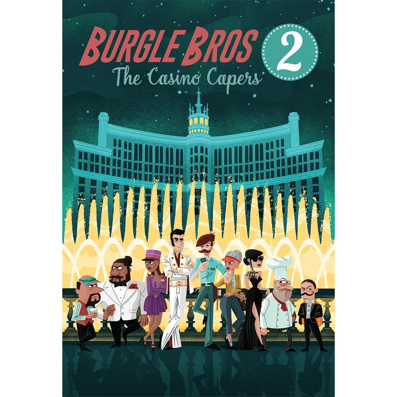 Naslovnica družabne igre Burgle Bros 2: The Casino Capers, ki prikazuje skupino zabavnih in stiliziranih likov roparjev pred osvetljenim kazinojem, kar poudarja sodelovanje, napetost in strategijo igre.