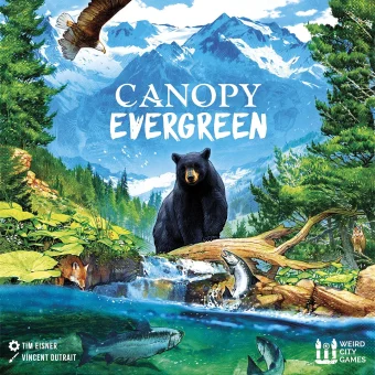 Naslovnica igre Canopy: Evergreen prikazuje bogato naravno pokrajino severozahodne Amerike s črnim medvedom ob reki, orlom v letu, lososom, lisico in gorami v ozadju, kar poudarja raznovrstnost in lepoto ekosistema.