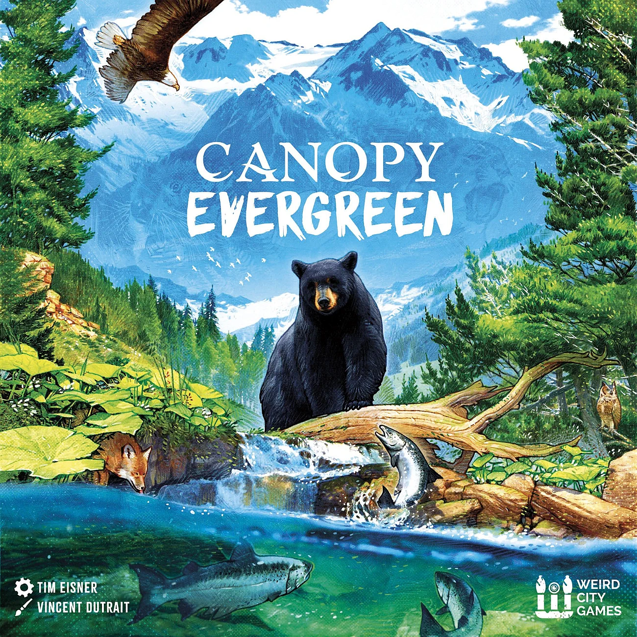 Naslovnica igre Canopy: Evergreen prikazuje bogato naravno pokrajino severozahodne Amerike s črnim medvedom ob reki, orlom v letu, lososom, lisico in gorami v ozadju, kar poudarja raznovrstnost in lepoto ekosistema.