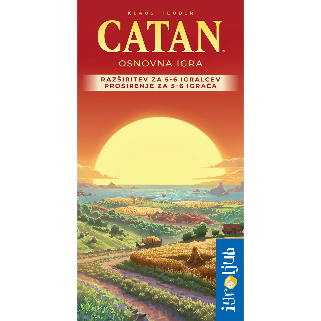 Naslovnica družabne igre Catan: Razširitev za 5–6 igralcev, ki prikazuje idilično pokrajino Catana ob sončnem zahodu, simbolizira razširitev igre za več igralcev in več zabave pri trgovanju ter naseljevanju.