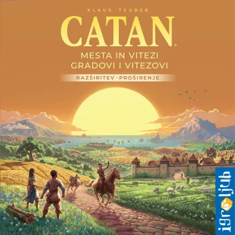 Naslovnica razširitve Catan: Mesta in vitezi prikazuje pokrajino otoka Catana, viteze na konjih, mogočna mesta in bližajoče se ladje barbarov. Vizualno poudarja elemente obrambe, trgovine, razvoja mest in strateške igre.