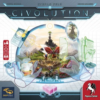Naslovnica družabne igre Civolution, strateške igre evolucije in razvoja civilizacij, z futurističnim dizajnom in simboli tehnološkega napredka.