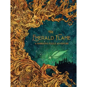 Naslovnica družabne igre Emerald Flame z ilustracijo mističnega drevesa, gradu, zvezdnega neba in alkimističnih simbolov, pripovedna igra z ugankami.