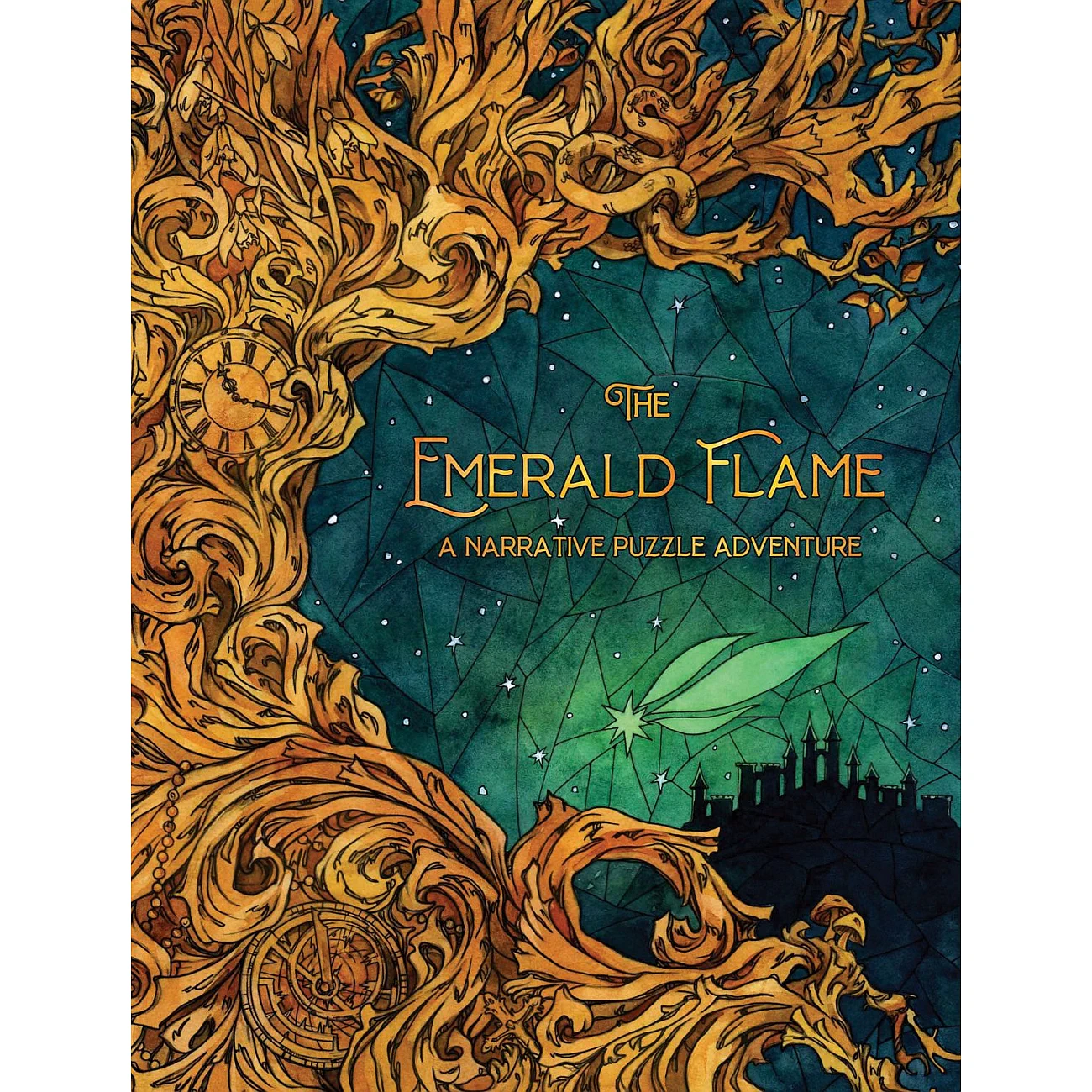 Naslovnica družabne igre Emerald Flame z ilustracijo mističnega drevesa, gradu, zvezdnega neba in alkimističnih simbolov, pripovedna igra z ugankami.