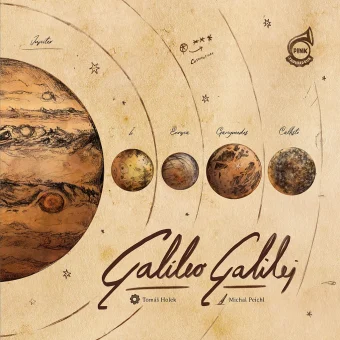 Naslovnica igre Galileo Galilei prikazuje umetniško ilustracijo Jupitra in njegovih štirih največjih lun, upodobljenih v stilu ročno narisanih astronomskih skic iz časa renesanse.