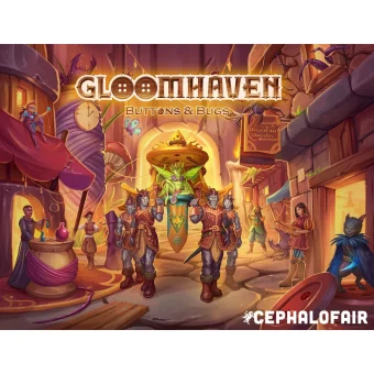 Naslovnica družabne igre Gloomhaven: Buttons & Bugs, solo strateške igre z miniaturno tematiko, ki prikazuje junake, pošasti in čarobno okolje.