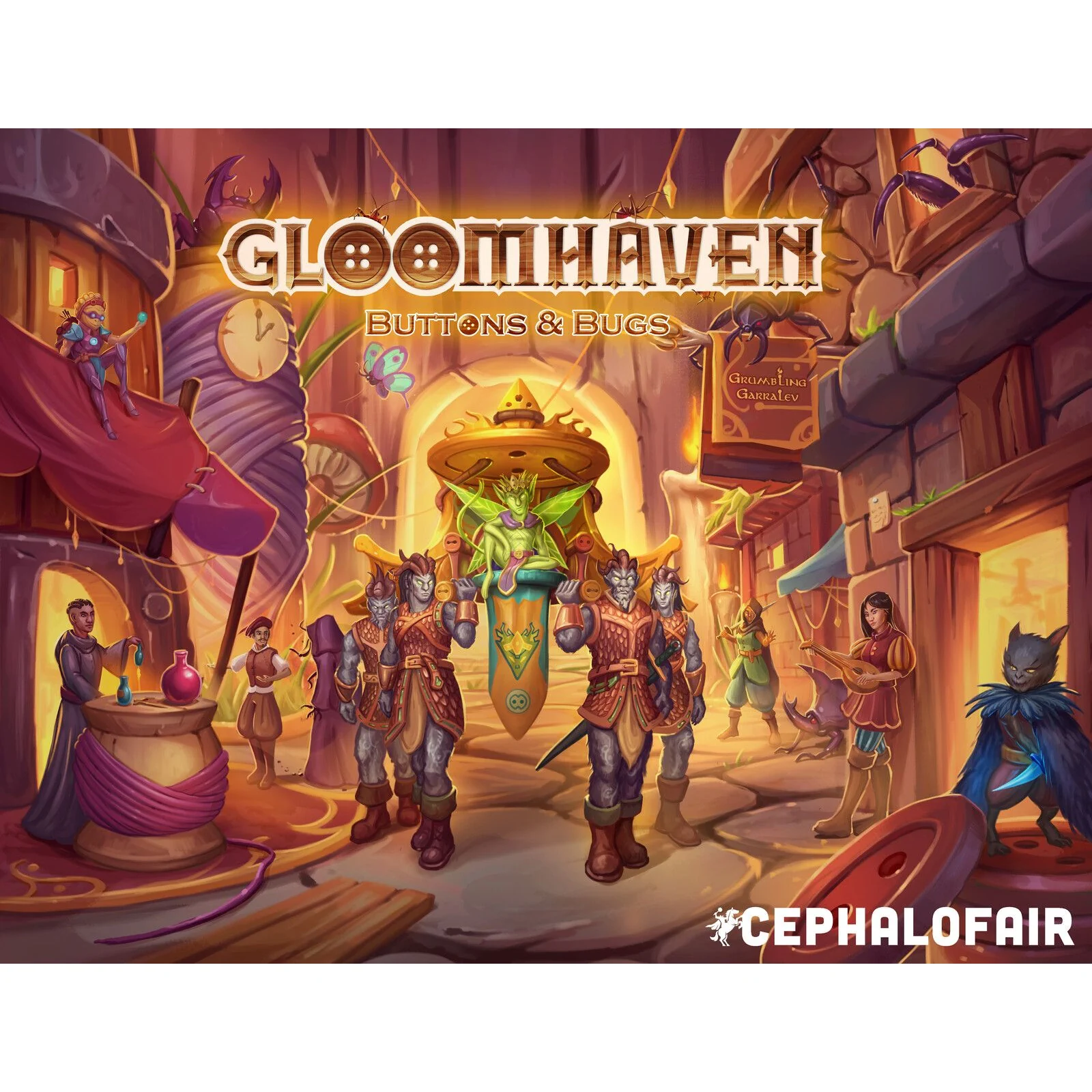 Naslovnica družabne igre Gloomhaven: Buttons & Bugs, solo strateške igre z miniaturno tematiko, ki prikazuje junake, pošasti in čarobno okolje.