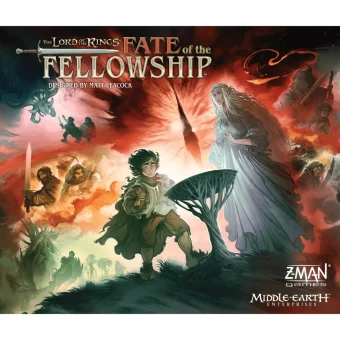Naslovnica družabne igre Lord of the Rings: Fate of the Fellowship, z ilustracijo Froda, Galadriel, Bratovščine in Sauronovega očesa, Z-Man Games.