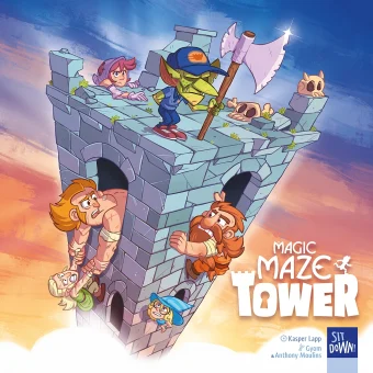 Naslovnica družabne igre Magic Maze Tower prikazuje junake v zabavnem, risanem slogu, ki poskušajo pobegniti iz stolpa, varovanega s strani goblina, kar poudarja tematiko igre – sodelovanje, reševanje ugank in pobeg iz labirintnega stolpa.
