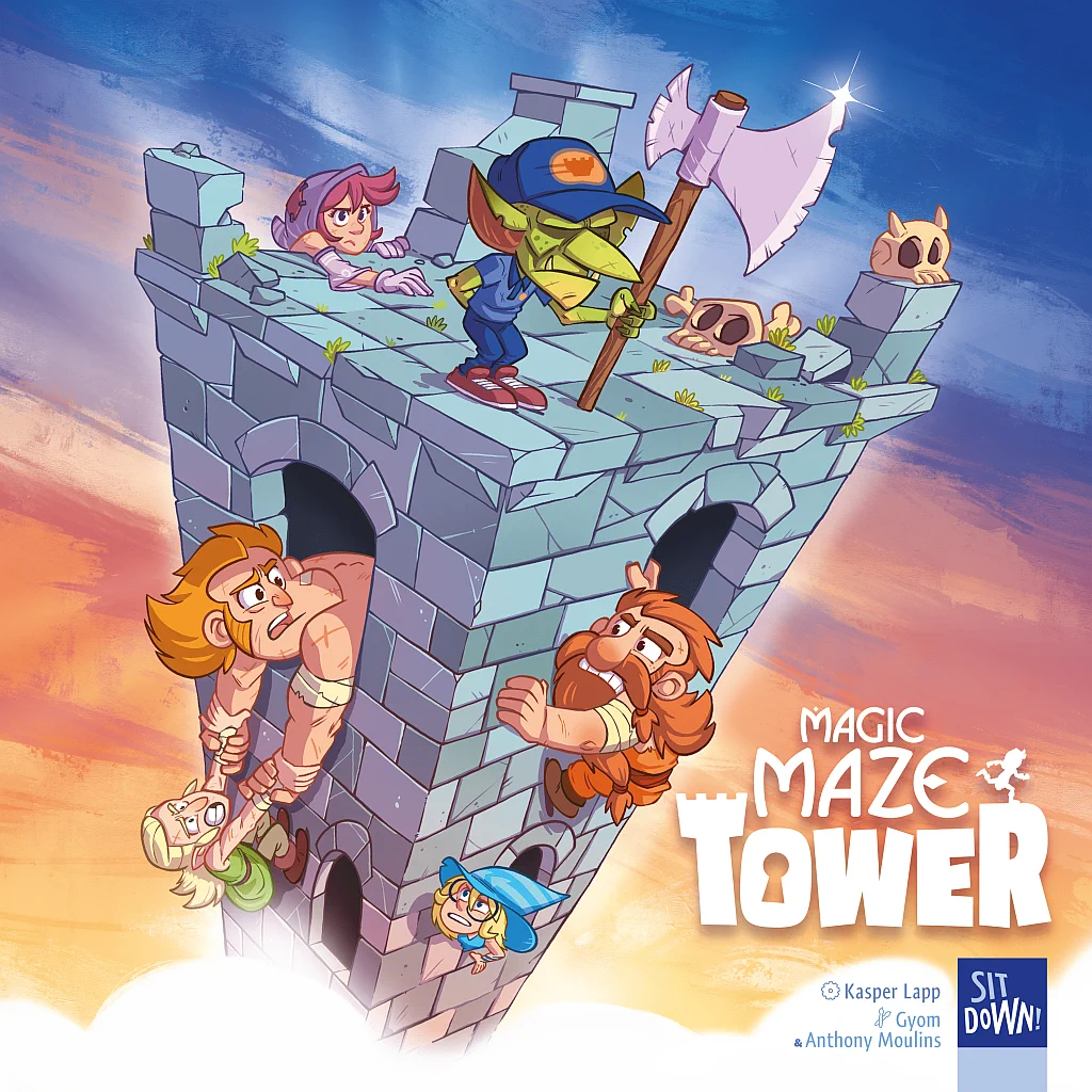 Naslovnica družabne igre Magic Maze Tower prikazuje junake v zabavnem, risanem slogu, ki poskušajo pobegniti iz stolpa, varovanega s strani goblina, kar poudarja tematiko igre – sodelovanje, reševanje ugank in pobeg iz labirintnega stolpa.