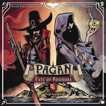 Naslovnica igre Pagan: Fate of Roanoke, ki prikazuje lovca na čarovnice in prikrito čarovnico v temnem, stiliziranem vzdušju kolonialne Amerike, obdana s simboliko, povezano s čarovništvom.