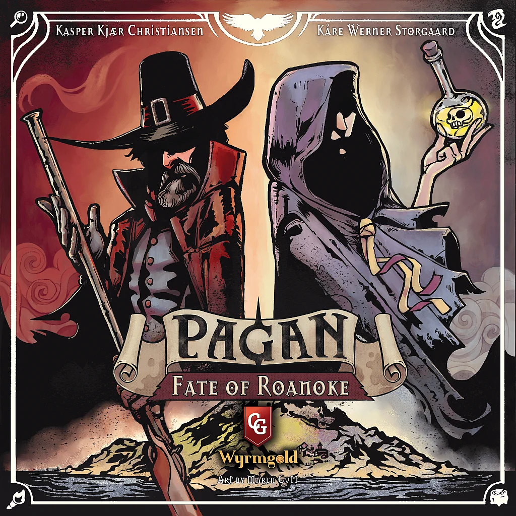 Naslovnica igre Pagan: Fate of Roanoke, ki prikazuje lovca na čarovnice in prikrito čarovnico v temnem, stiliziranem vzdušju kolonialne Amerike, obdana s simboliko, povezano s čarovništvom.