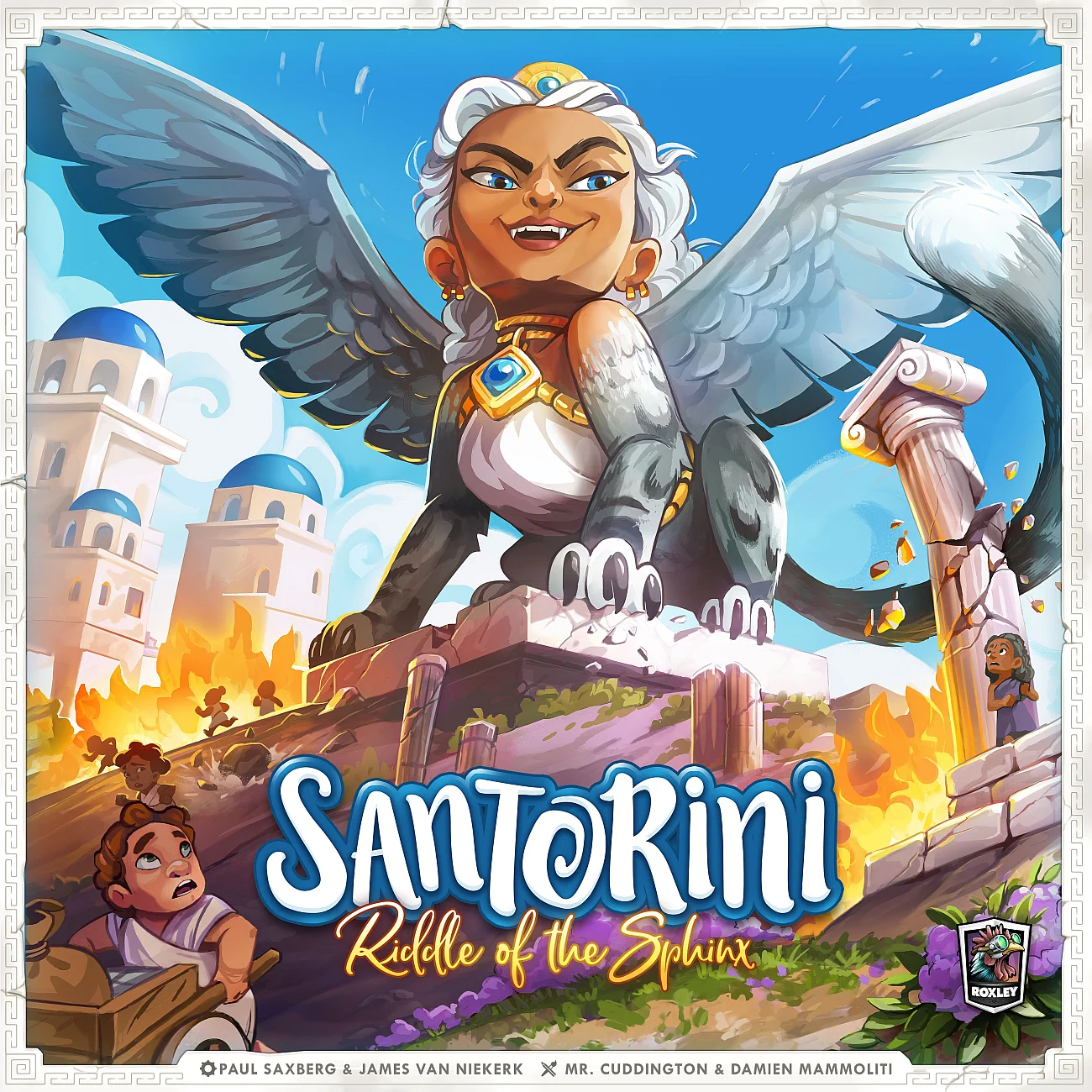 Naslovnica igre Santorini: Riddle of the Sphinx prikazuje mogočno sfingo s krili in človeško glavo, ki dominira nad otokom Santorini, obdanim z značilnimi belimi in modrimi stavbami ter presenečenimi prebivalci.