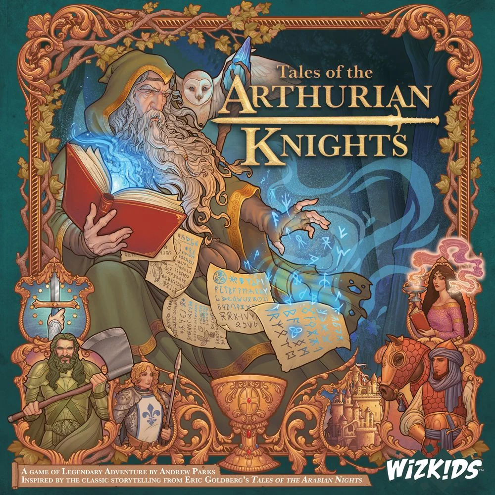 Naslovnica družabne igre Tales of the Arthurian Knights prikazuje čarovnika Merlina, obkroženega z vitezi, srednjeveškimi simboli in magičnimi runami, kar poudarja pripovedni in pustolovski značaj igre.
