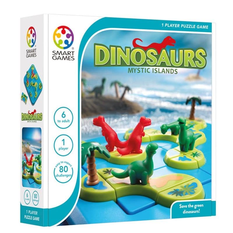 Dinozavri miselna igra za otroke 6+, kjer ločujete mesojede in rastlinojede dinozavre na različnih otokih.